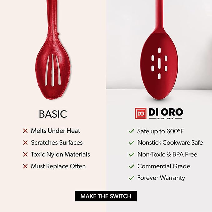 DIORO Silicone Mixing & Serving Spoons - Large Heat-Resistant Non Stick Utensils Big Solid & Slotted Basting & Stirring Spoons - Dishwasher Safe (2pc, Red)