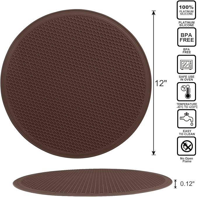 Brown Silicone Microwave Mat 12 inch Extra Large Multi-Use Microwave Mat Heat Resistant Silicone Trivet Mat Pot Holders Hot Pads for Kitchen, Silicone Cover Pad for Microwave Oven Hot Pot Pans, 2Pack