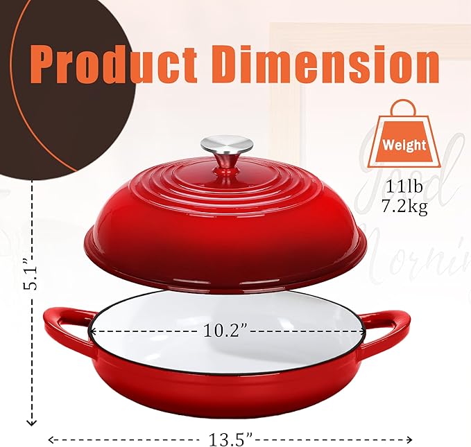Enameled Round Cast Iron Bread Oven, 6 Qt Cast Iron Dutch Oven for Homemade Sourdough Bread Baking, Bread Dome Pot with Cloche Lid (Red)