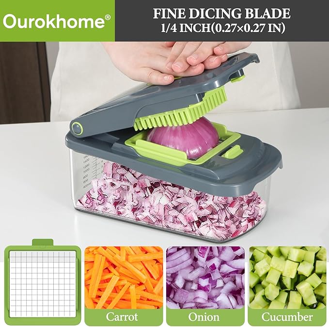 Ourokhome Vegetable Chopper Cutter with Container, Manual Hand Food Veggie Dicer with 2 Chopping Blades for Potato Strips, Onion Cubers, Carrot Sticks, Essential Kitchen Gadgets (2 in 1, Gray)