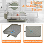 Dish Drying Rack, 2 -Tier 304 Stainless Steel Adjustable Spout Auto-Draining Dish Rack, Space Saving Dish Drainer with Drainboard and Utensil Holder for Kitchen Counter Grey