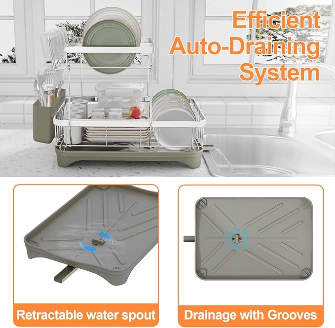 Dish Drying Rack, 2 -Tier 304 Stainless Steel Adjustable Spout Auto-Draining Dish Rack, Space Saving Dish Drainer with Drainboard and Utensil Holder for Kitchen Counter Grey