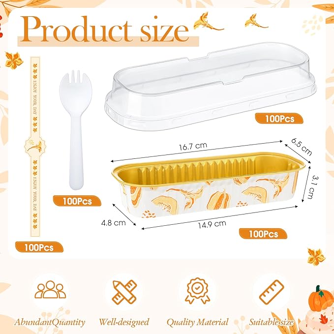 Tioncy 50 Pcs Autumn Themed Mini Pink Loaf Pans with Lids Spoons Sticker Cute Pumpkin 6.8oz Disposable Rectangle Aluminum Foil Baking Pans Muffin Cupcake Cups for Picnics Fall Birthday Party Supply