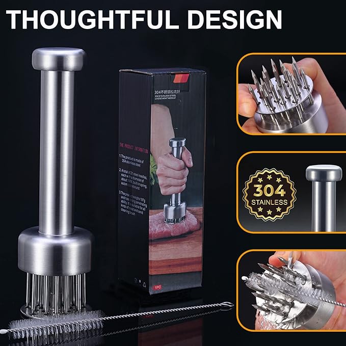 Meat Tenderizer Stainless Steel with Sharp Needles for Steak Chicken Pork Fish, Suitable Meat Tenderizer Tool with Cleaning Brush for BBQ or Kitchen