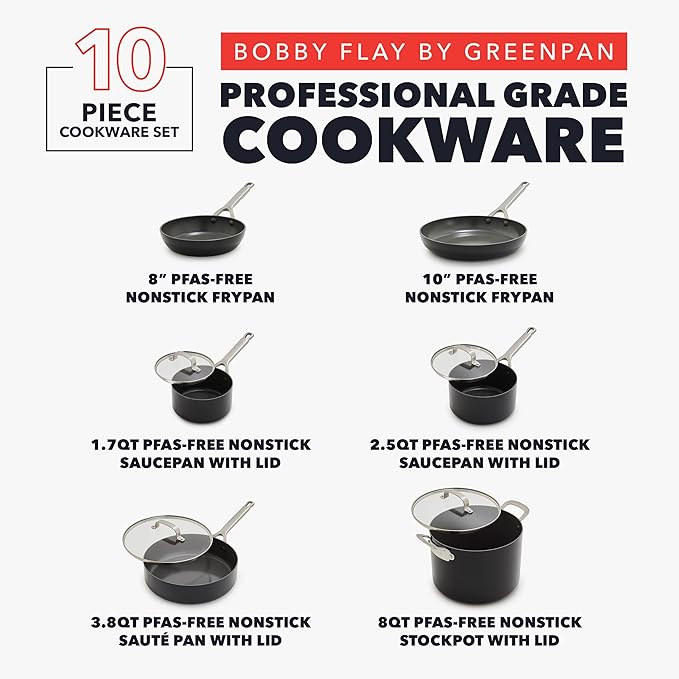 GreenPan x Bobby Flay Hard Anodized Nonstick 10 Piece Cookware Set, PFAS-Free Ceramic Pots & Pans, Induction Suitable, Frypans, Saucepans Saute, Stockpot, Glass Lids, Dishwasher & Oven Safe, Black