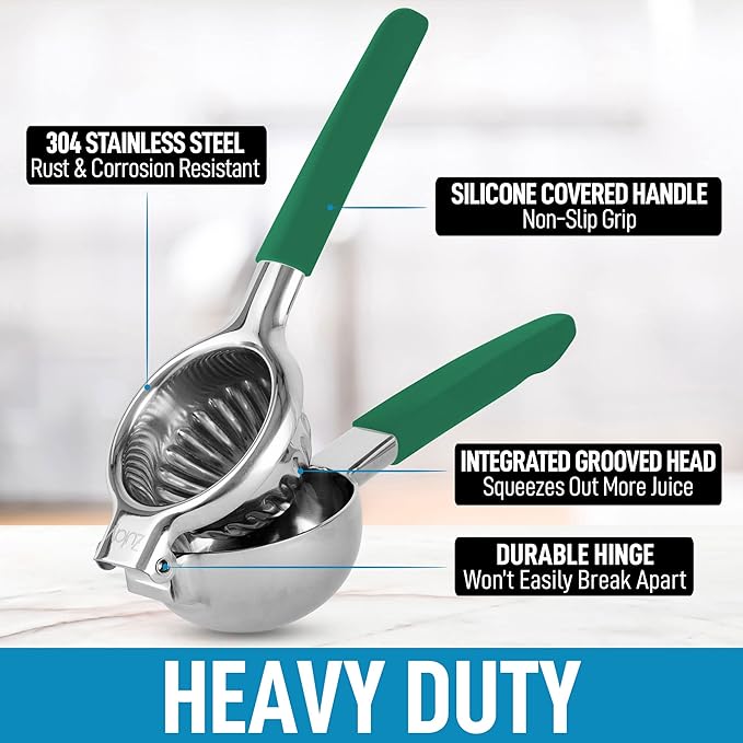 Zulay Lemon Squeezer Stainless Steel with Premium Heavy Duty Solid Metal Squeezer Bowl and Food Grade Silicone Handles - Large Manual Citrus Press Juicer and Lime Squeezer Stainless Steel (Green)