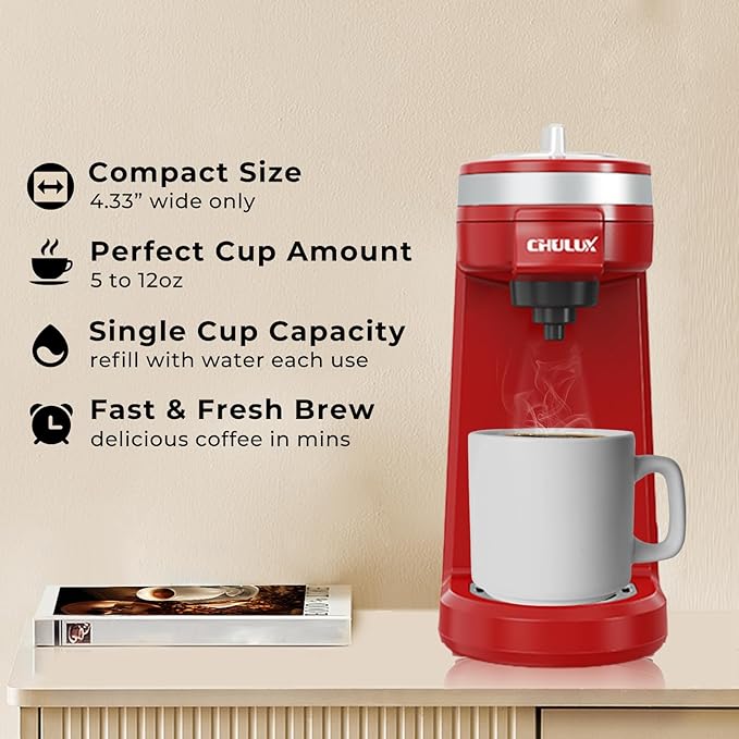 CHULUX Mini Coffee Maker for K Capsule, Single Serve Coffee Maker for One Cup Americano, Lightweight Pod Coffee Machine, Red