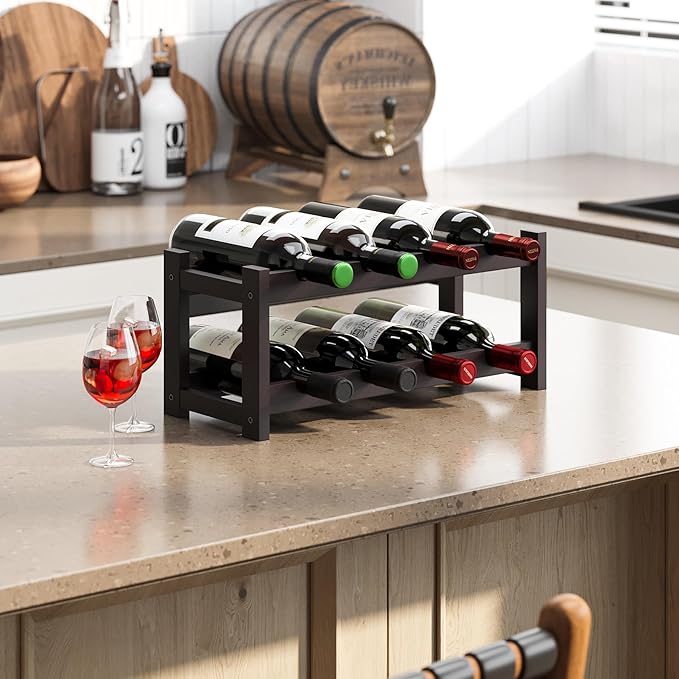 BAMEOS Bamboo Wine Rack, 2 Tier Wine Racks Countertop Storage, Wine Bottle Holder Wine Rack freestanding Floor for Kitchen, Bar, Pantry, Wine Cellar, Basement,Study, (16.85 L x 9.25W x 7H) Espresso