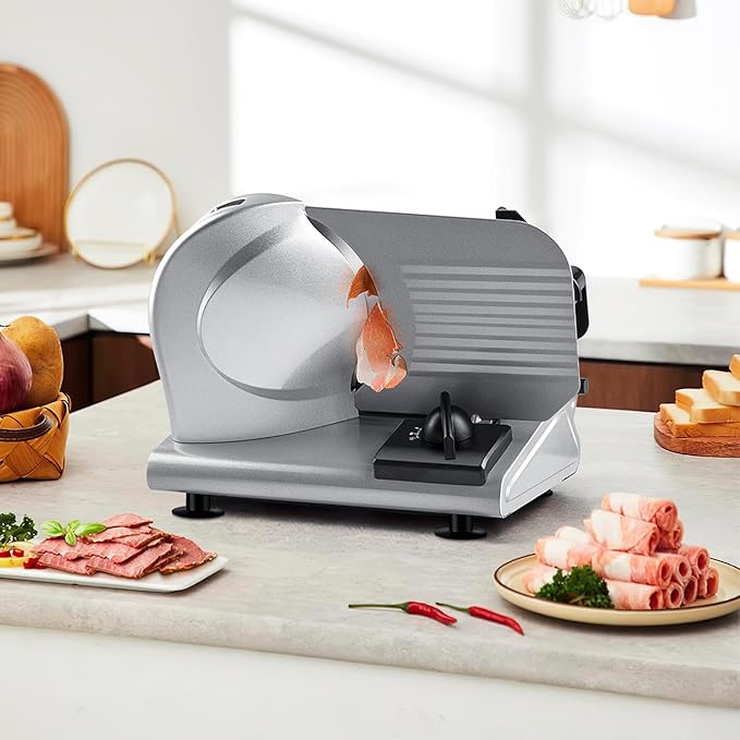 Meat Slicer, Techwood 150W Electric Slicer for Home Use with 2 Removable 7.5" Stainless Steel Blade, Deli Cheese Fruit Vegetable Bread Cutter with Adjustable Thickness, Easy to Clean, Silver