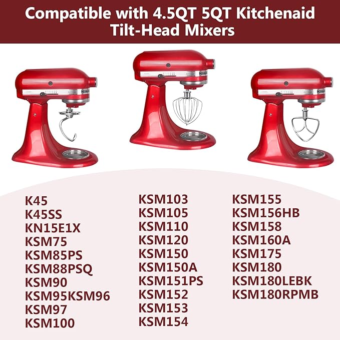 Stainless Steel Attachments 3 Pieces for KitchenAid 4.5-5QT Tilt-Head Stand Mixer and Mixing Bowl,K45WW Wire Whip, K45DH Dough Hook, K45B Flat Beater,Dishwasher Safe and Heavy Duty