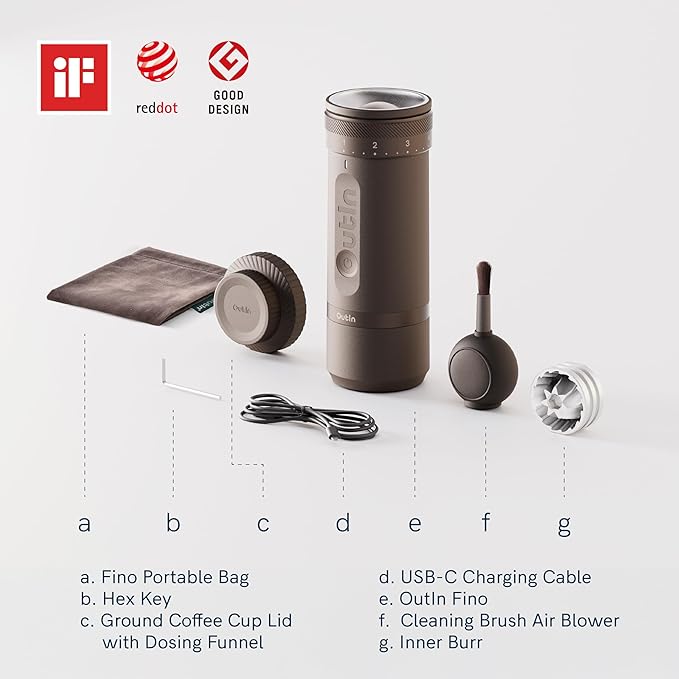 OutIn Fino Portable Electric Coffee Grinder,Adjustable Coffee Bean Grinder with 28 Precise Grind Setting,One-Button Burr Coffee Grinder with Fast‑Charge Battery, Auto‑Stop & Clog‑Protection
