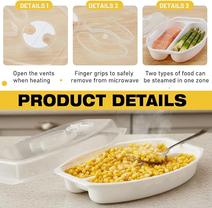 2 Pcs Microwave Corn Steamer with Lid for Frozen Corn Broccolini Vegetables on The Cob, Fast & Easy, 2 Pcs at Once, Vented Lid, Dishwasher Safe, Microwave Dishes Steamer Kitchen Tool (White)