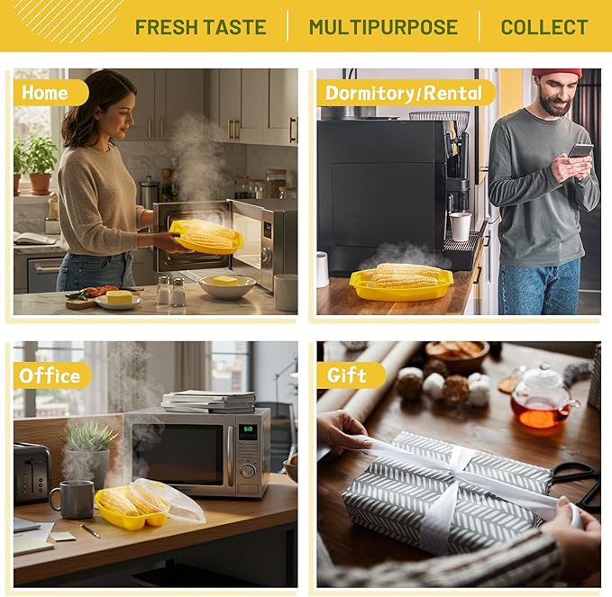 2 Pcs Microwave Corn Steamer with Lid for Frozen Corn Broccolini Vegetables on The Cob, Fast & Easy, 2 Pcs at Once, Vented Lid, Dishwasher Safe, Microwave Dishes Steamer Kitchen Tool (Yellow)