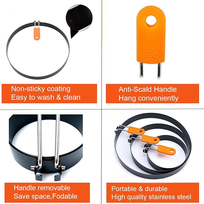 6 Pcs Professional Egg Ring Pancake Ring Set,8" Large Omelette Ring,6" Pancake Ring,4" Round Egg Ring, Non-stick Stainless Steel Egg Cooking Rings Set for Griddle Frying Eggs with Silicone Handle