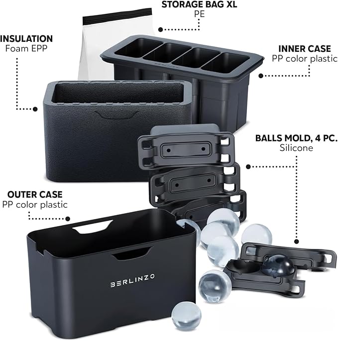 Berlinzo Premium Clear Ice Ball Maker Mold - 8 Large 2.4" Crystal Clear Ice Balls for Whiskey, Cocktails & Bourbon - Easy-to-Remove Mold for Ice Spheres - XL Storage Bag Included (Non-Electric)