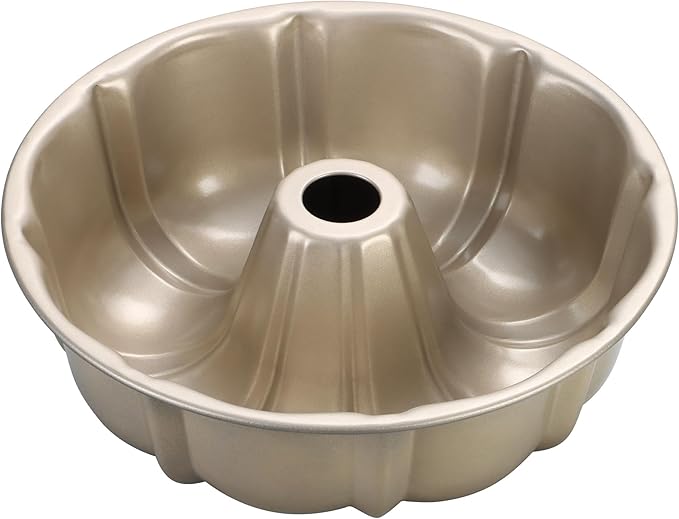 Homikit Fluted Cake Pan 10 Cups, 10 Inch Heavy Duty Carbon Steel Tube Round Pans for Baking Meatloaf Jello Angel Food Cake Monkey Bread and More, Nonstick & Easy Release, Gold