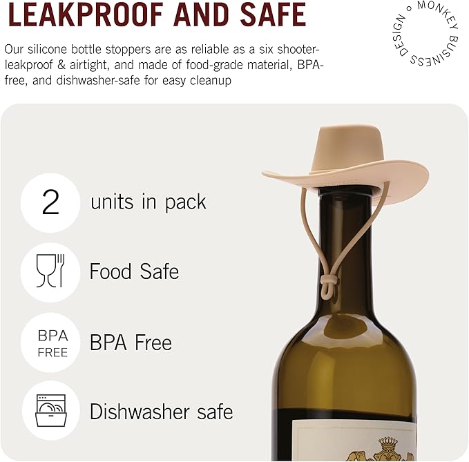 Monkey Business Howdy - 2-Pack Cowboy Hat Wine Stoppers – Fun Silicone Bottle Stoppers Keep Wine Fresh – Novelty Kitchen Gadgets & Cute Wine Accessories