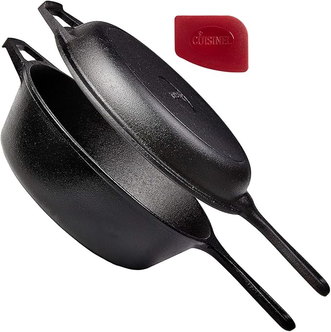 Cuisinel Cast Iron Skillet + Lid - 2-In-1 Multi Cooker - Deep Pot + Frying Pan - 3-Qt Dutch Oven - Pre-Seasoned Oven Cookware - Works for Bread, Indoor/Outdoor, Grill, Stovetop and Induction