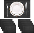 PIGCHCY Placemats Set of 8 Washable Durable Place Mats Vinyl Heat Resistant Non-Slip Table Mats Indoor Outdoor (Pure Black)