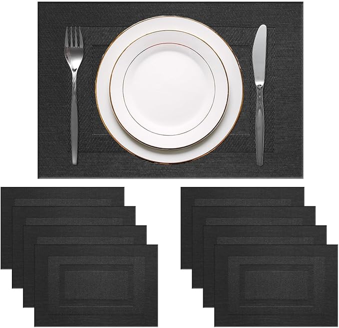 PIGCHCY Placemats Set of 8 Washable Durable Place Mats Vinyl Heat Resistant Non-Slip Table Mats Indoor Outdoor (Pure Black)
