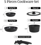 5PCS Pots and Pans Set Non Stick, Kitchen Cookware Sets with Detachable Handle, Ceramic Cookware Sets, Non Stick RV Cookware Cooking Set, Dishwasher ＆ Oven Safe, PFOA Free, Black