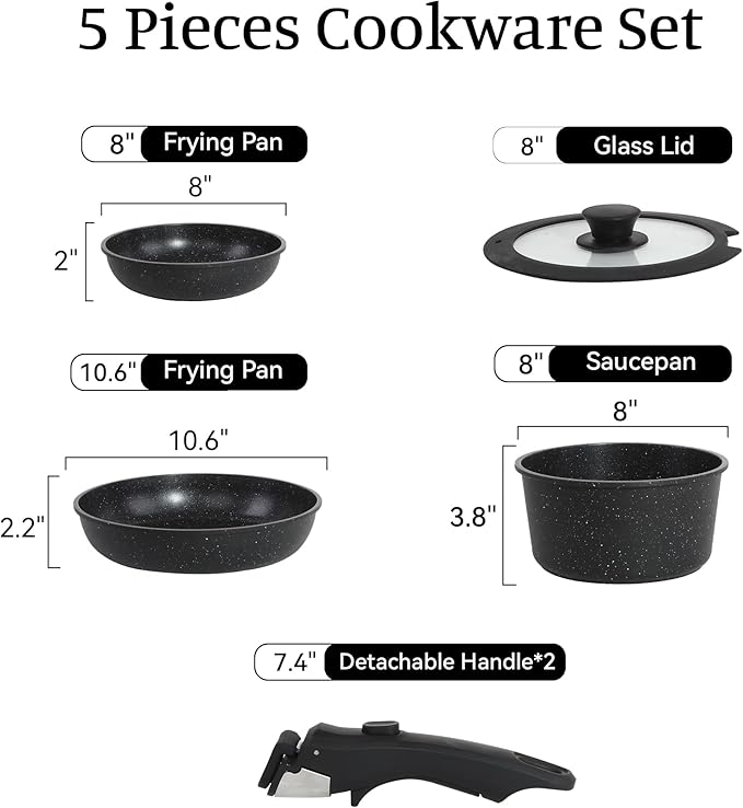 5PCS Pots and Pans Set Non Stick, Kitchen Cookware Sets with Detachable Handle, Ceramic Cookware Sets, Non Stick RV Cookware Cooking Set, Dishwasher ＆ Oven Safe, PFOA Free, Black