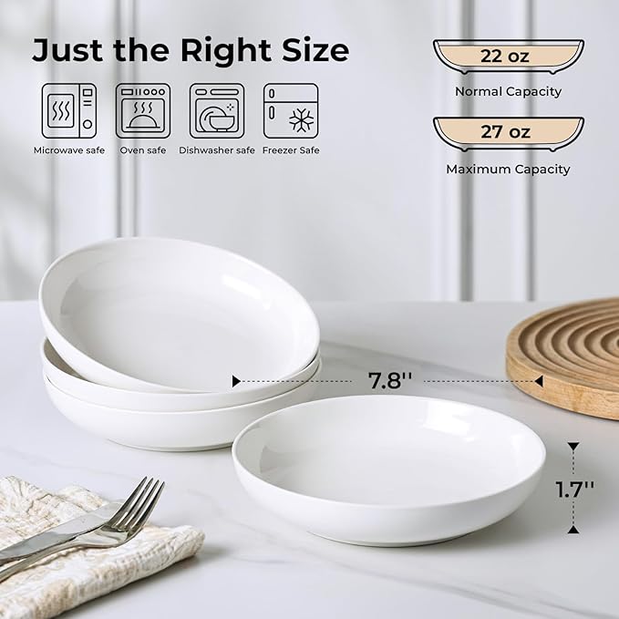Y YHY Pasta Bowls, 22 Ounces Salad Ceramic Bowl Plate Set of 4, 7.8 Inch Porcelain Pasta Bowls for Serving Dinner and Salad，Wide and Shallow Bowls Set, Microwave and Dishwasher Safe, White