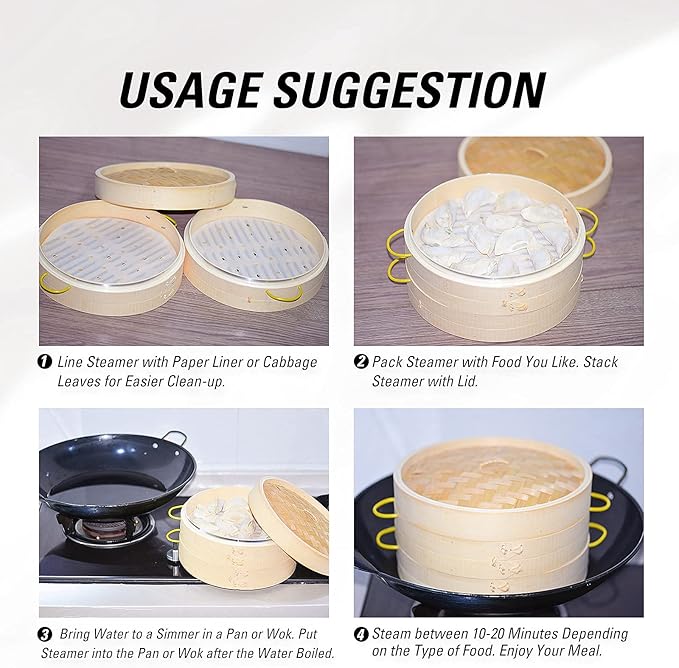 MacaRio Bamboo Steamer Basket Set 10 inch Steamer for Cooking, with Side Handles Chopsticks Ceramic Sauce Dishes Paper Liners, for Dim Sum Dumplings Buns Seafoods Rice Asian Foods