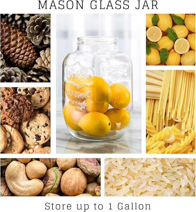 Diamond Star 1 Gallons Mason Jar with Brushed Tin Lid, Large Glass Wide Mouth Canning Food Storage Containers for Kitchen Canning Cereal, Pasta, Sugar, Beans, Spice, Preserves, Dog Treat