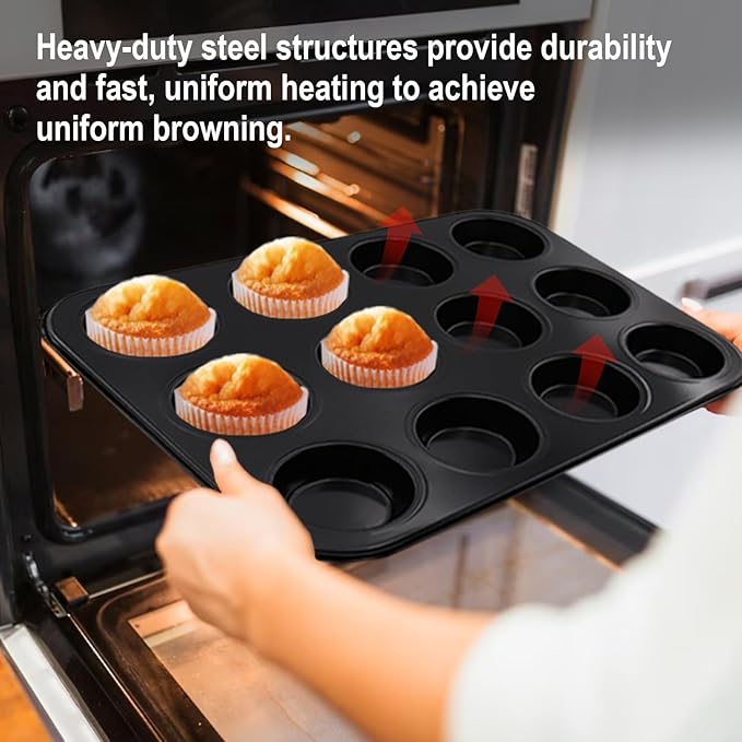 2 Packs Nonstick Round Muffin Baking Pan, Premium Steel Muffin Pan for Baking, Nonstick Cupcake Tin Cheesecake Pans, Bakeware Muffin Top Pan (12 Cups, Black)