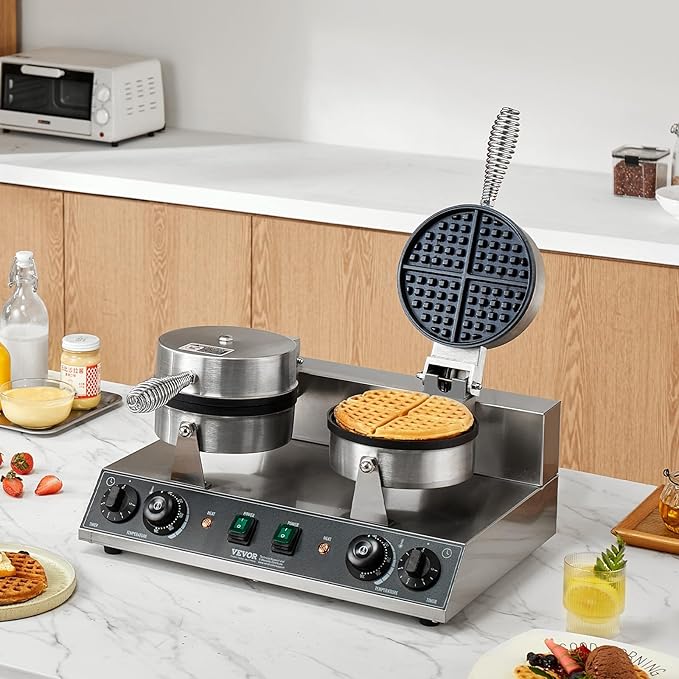 VEVOR Commercial Waffle Maker, Dual-Head Round Waffle Baker Machine, 2460W Non-Stick Stainless Steel Belgian Waffle Iron with Temp and Time Control, Handle, for Restaurant Bakery Snack Bar Family