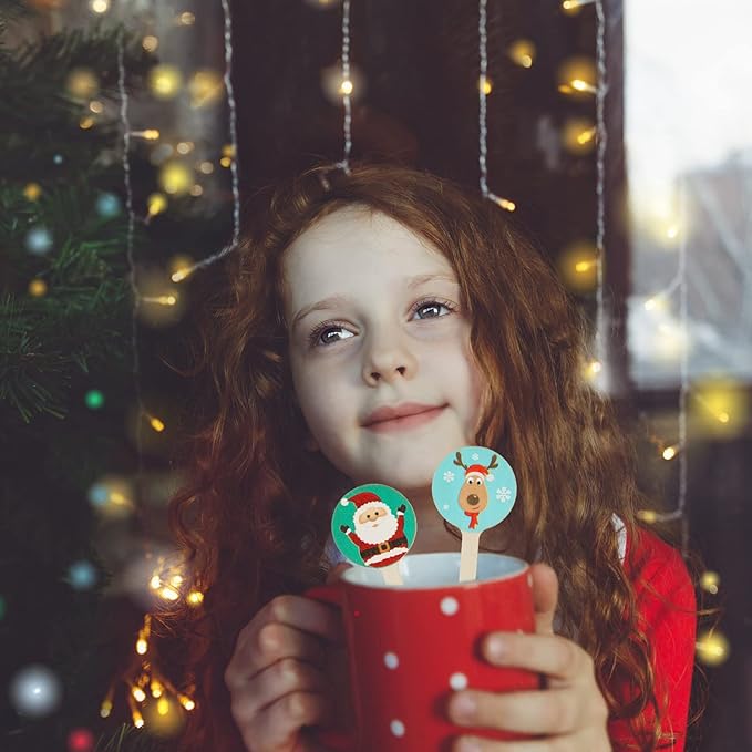 Jinei 120 Pcs Christmas Wooden Coffee Stirrers Wood Cocktail Coffee Stir Sticks Disposable Drink Stirrers for Stirring Hot Chocolate Milkshake Restaurant Home Office (Assorted Style)