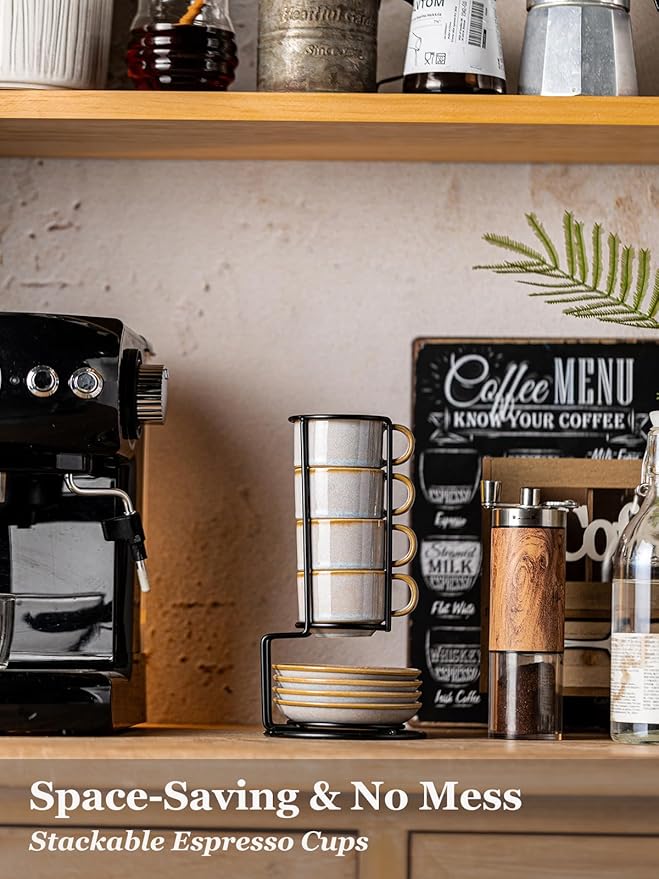 Gomakren 2.5 Ounce Espresso Cups Set of 4, Small Stackable Coffee Cups with Saucers and Metal Stand, Halloween Porcelain Demitasse Cups for Specialty Coffee Drinks, Espresso, Cappuccino, Latte, Gray