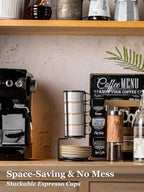 Gomakren 2.5 Ounce Espresso Cups Set of 4, Small Stackable Coffee Cups with Saucers and Metal Stand, Halloween Porcelain Demitasse Cups for Specialty Coffee Drinks, Espresso, Cappuccino, Latte, Gray