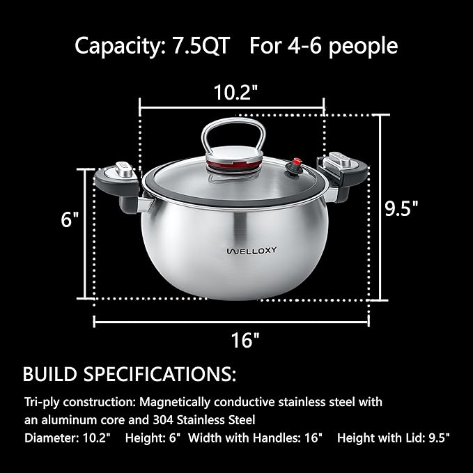 WELLOXY 7.5Qt Tri-Ply Stainless Steel Stock Pot with Tight-Fittng Lid & Twist and Lock Handles for Energy-Saving Cooking, Large Stew Pots for Soup, Gumbo, Pasta, Dutch Oven Style Cookware on Induction