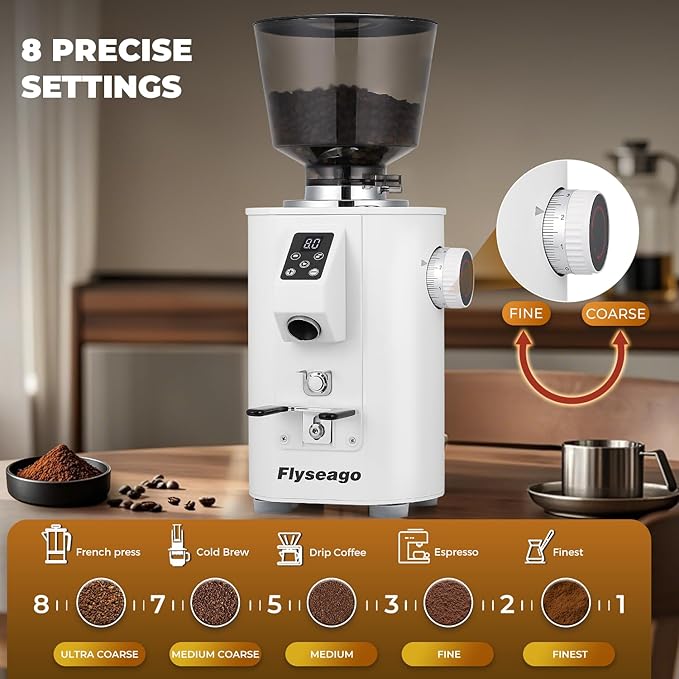 Commercial Coffee Grinder Heavy Duty - 64mm SS Flat Burrs, 8 Precise Settings, Button Control, 35oz Hopper, Business and Home Use, White 400W