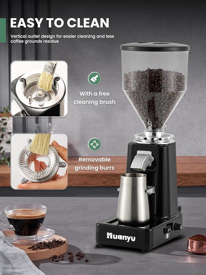 Huanyu Burr Coffee Grinder- Stainless Steel Flat Burr, 19 Precise Grind Settings, 35oz Capacity and Dual Dosing for Espresso, Hand Punch, French Press Black