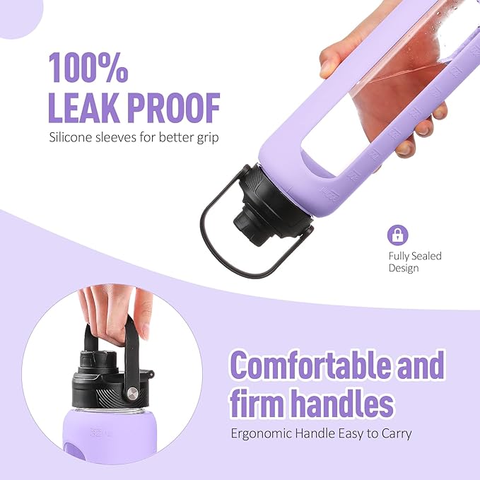 Kodrine Water Bottle with Straw, 24 oz Glass water Bottle with 2 Lids Bamboo Straw Lid and Spout Lid with Handle, 32 oz Clear Water Bottle Glass for Sports Travel, Waterbottle with Time Marker