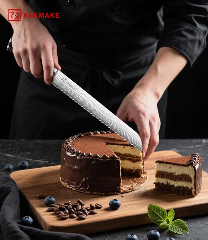 Serrated Bread Knife, KEEMAKE10 inch Ultra Sharp Serrated Bread Slicer for Homemade Bread Cake Bagels Cutting Less Crumbs - High Carbon Stainless Steel Cake Slicer with Ergonomic Wood Handle, Gift Box