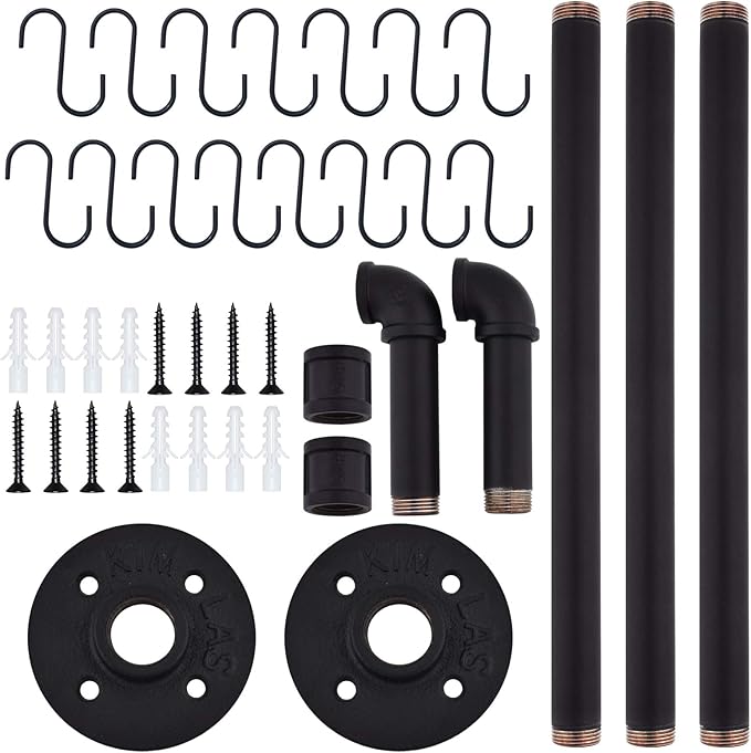 TLBTEK 50 inch Black Pipe Pot Bar Rack Wall Mounted Detachable Pans Hanging Rail Kitchen Lids Utensils Hanger Holders with 15 S Hooks