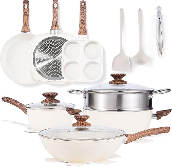 NEWBULIG Cookware Set, Nonstick & Non-Toxic Pots and Pans with Stay-Cool Handles, Induction Compatible, Cream White, 17 Pieces(6 Pot)