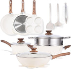 NEWBULIG 17-Piece Cookware Set, Nonstick & Non-Toxic Pots and Pans with Stay-Cool Handles, Induction Compatible, Cream White