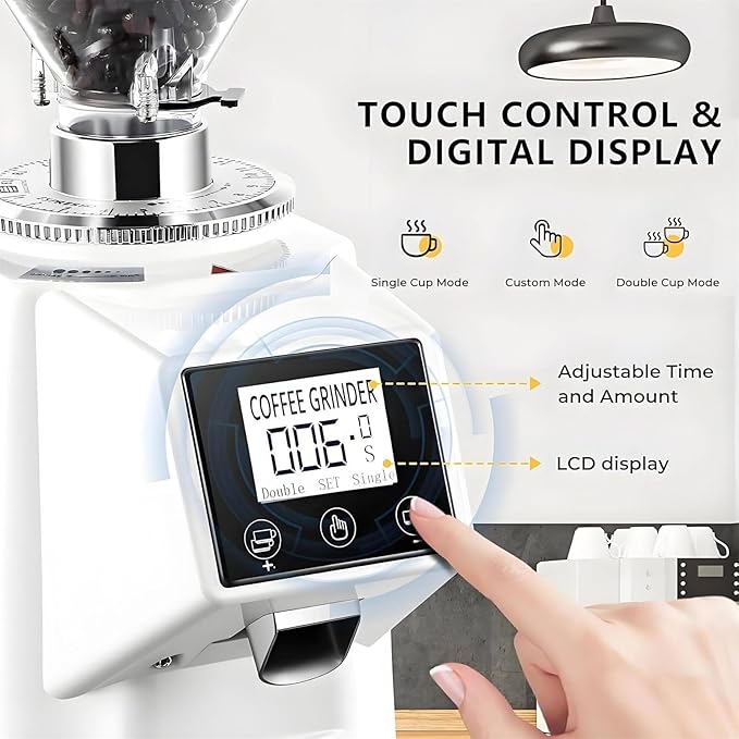 Electric Coffee Grinder, Low Noise Flat Burr Grinder Coffee 19 Settings & Digital Timer Display,Commercial Espresso Coffee Grinders,with 500/1500ML Large Capacity 500ml-White