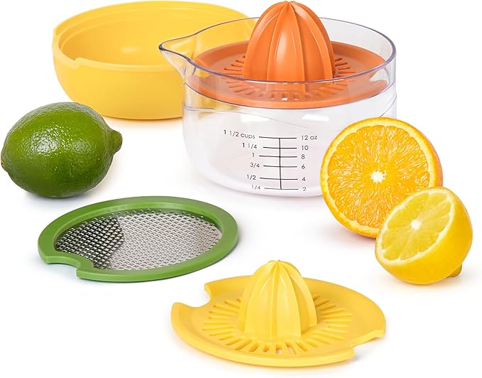 Tovolo All-in-1 Citrus Juicer and Zester Set, White & Yellow – Manual Juicer with Measuring Cup, Dual Reamers, BPA-Free, Dishwasher Safe, Compact Storage