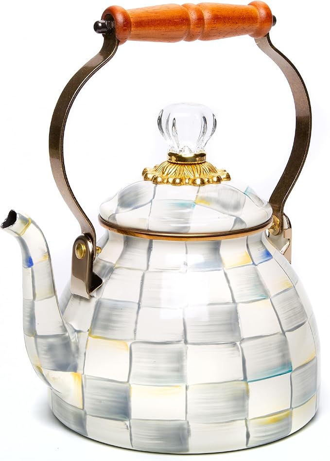 MACKENZIE-CHILDS Enamel Tea Kettle, Stylish Tea Kettle for Stovetop, Grey-and-White Sterling Check, 2 Quarts
