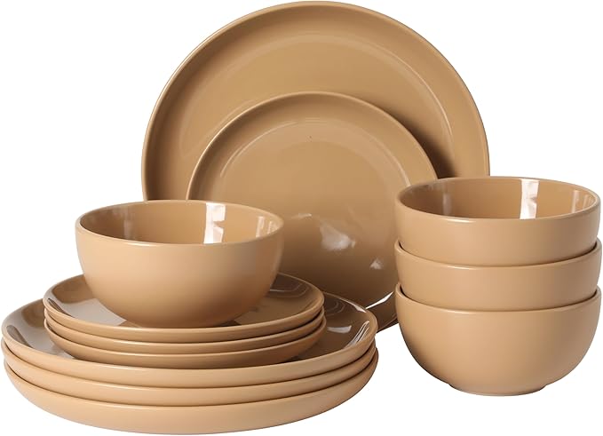 Gibson Home Rockaway 12-Piece Round Stoneware Dinnerware Set, Service for 4 – Beige Plates and Bowls, Modern Matte Finish, Microwave & Dishwasher Safe