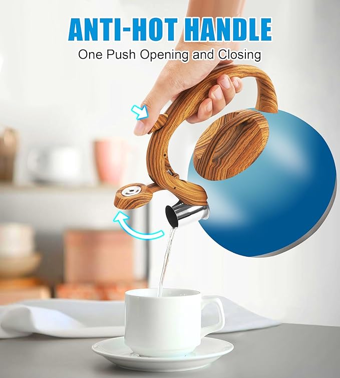 Tea Kettle, 3.2Qt/3Liter Whistling Kettle,Food Grade Cool Handle Tea pot,One-Button Switch, Apply to Various Stovetops, Coffee/Tea (Sky Blue Gradient)