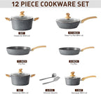 DishDelight Induction Pots and Pans Set, 12 Piece Nonstick Cookware, Granite Cooking Set with Frying Pans, Gray