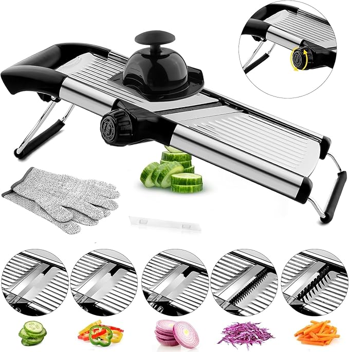 VEKAYA Mandoline Slicer, Mandoline Slicer for Kitchen, Adjustable Mandolin, Stainless Steel Mandoline, Vegetable Slicer, Potato, Onion, Cucumber, Tomato, Veggie Slicer with Cut-Resistant Gloves
