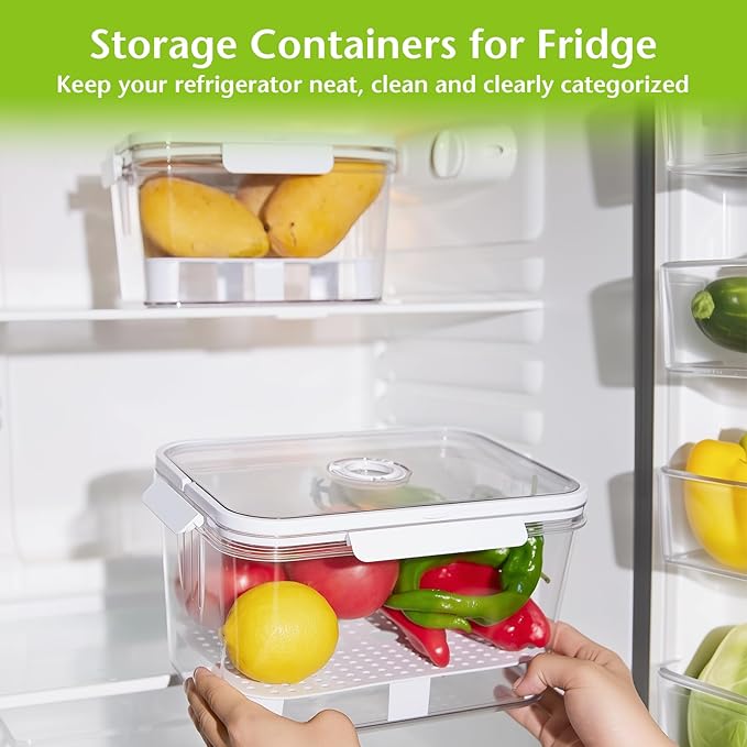 2 PCS Fruit Storage Containers for Fridge with Timer & Strainer, 5.5L+2.3L Bread Box BPA-Free Produce Keepers Leakproof Food Containers with Handle Airtight Lids for Vegetables Fruit Meat Fresh Longer